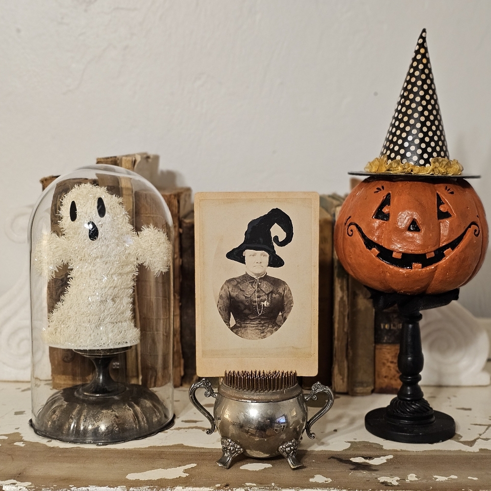 Old Portrait Cabinet Photo with a Painted on Witch Hat
